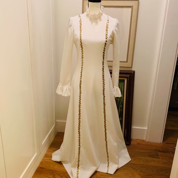 White Formal Dress With Ruffle And Gold Sequins - Picture 1 of 8